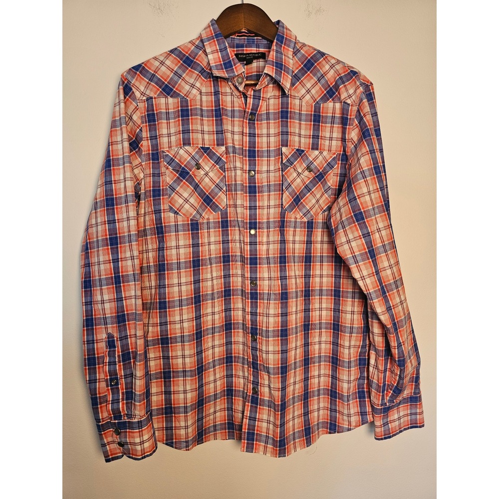 Western Banana Republic Plaid Shirt Mens Large Orange Blue Slim Fit Snap Front